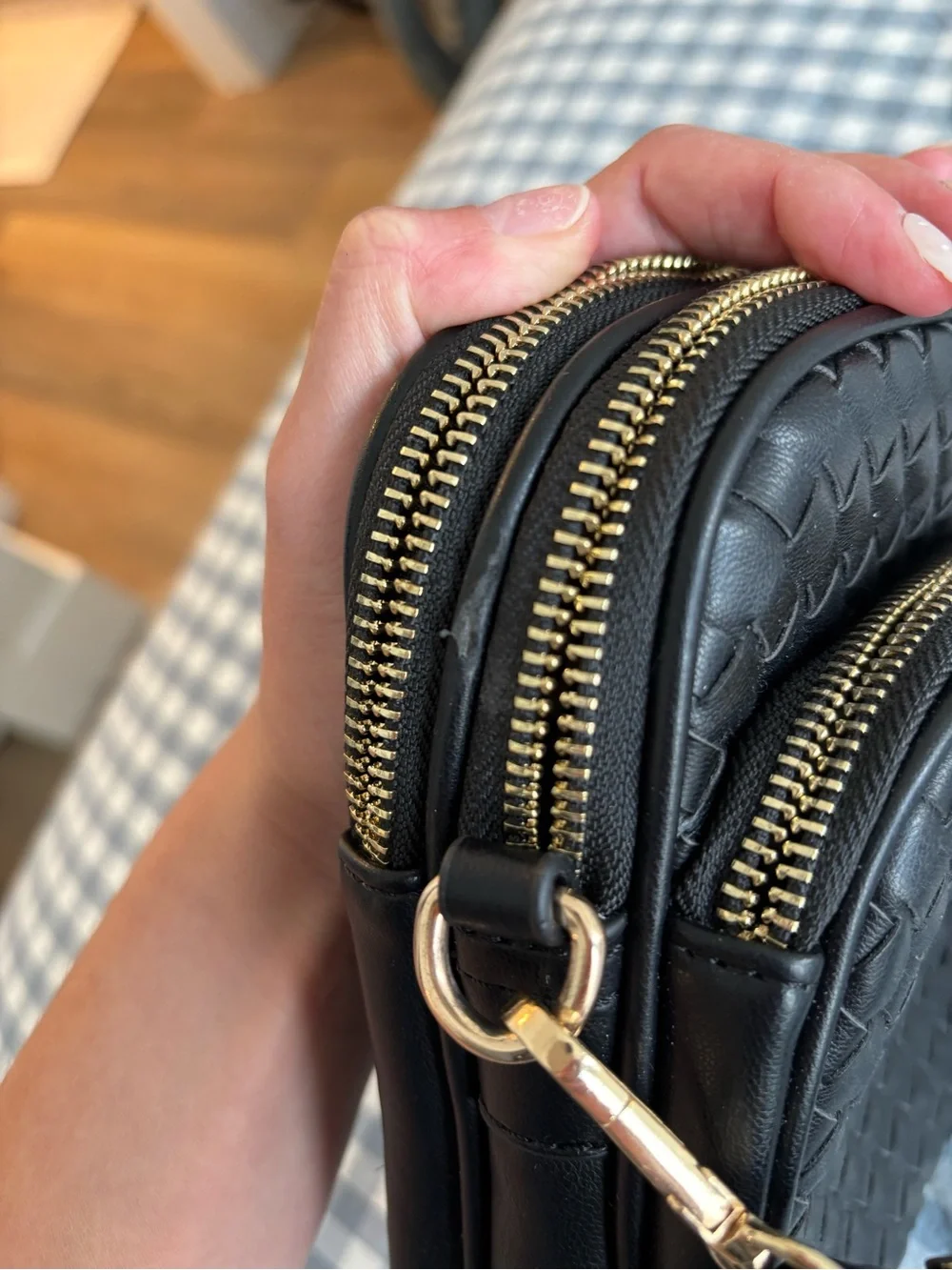 Black Woven Crossbody Bag with Gold Hardware